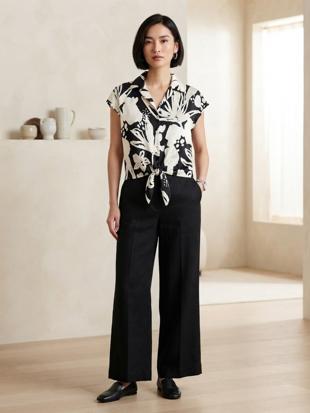 Rachel Zoe Black and White Floral Tie-Front Blouse